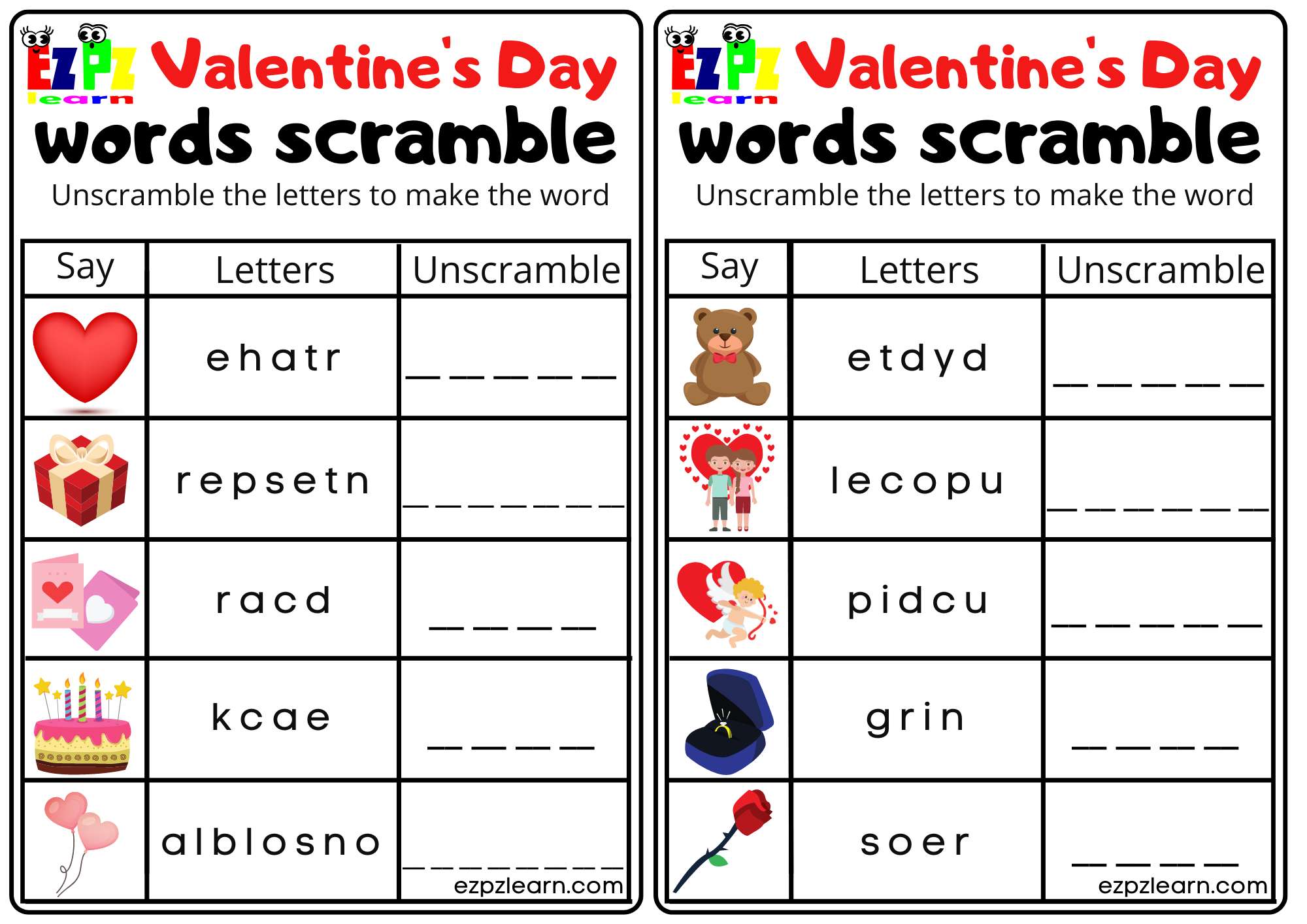 Valentine's Holiday Word Scramble. Free PDF Worksheet Download ...